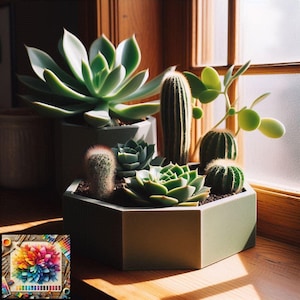 May include: A selection of succulents and cacti in shades of green, displayed in grey and green geometric pots. The plants are on a wooden windowsill, with natural light. A colourful painting is in the corner.