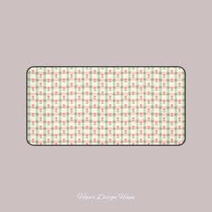 May include: Rectangular decorative mat with a repeating pattern of pink tulips and green stems on a light green and white checkered background. The mat has a black border and the text "Hope's Design Haus" is at the bottom.