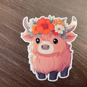 Linda pegatina de vaca de tierras altas, pegatina linda, calcomanía de computadora portátil, pegatina de taza de ansiedad, pegatina de ansiedad, pegatina impermeable, Chibi