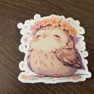 Búho durmiente con pegatina de flores, vinilo impermeable, pegatina para computadora portátil, pegatina Kindle, pegatina de pájaro, paloma, primavera amante de las aves