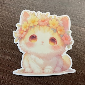 Gato con pegatina de aro de flores, flores de primavera, vinilo impermeable, regalos para amantes de los libros, pegatina de lectura, pegatina de animal lindo