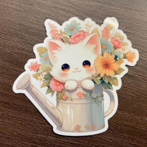 Lindo gato en pegatina de regadera, flores de primavera, vinilo impermeable, regalos para amantes de los libros, pegatinas de lectura, pegatina de animal lindo