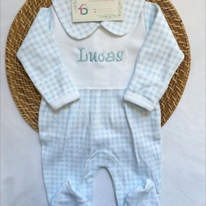 Personalized Newborn Blue Gingham Footie: 100% Cotton Baby Sleeper