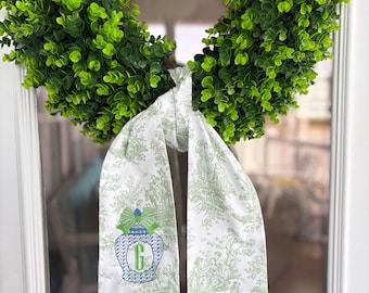 Green Toile Chinoiserie Wreath Sash with Custom Ginger Jar | Monogrammed French Country Door Bow