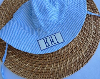 Personalized Seersucker Baby Sun Hat: Embroidered Name, Summer Beach Hat