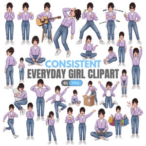 May include: A collection of 61 digital illustrations featuring a character with dark curly hair wearing a light purple cardigan, white shirt, blue jeans, and white trainers in various poses, activities, and expressions, labelled Consistent Everyday Girl Clipart.