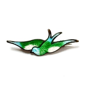 Antique Blue Green and White Enamel Swallow Bird in Flight Brooch