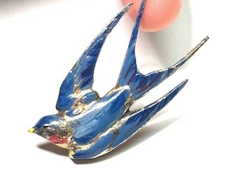 Vintage Antique Hand Painted Sterling Silver Blue Swallow In Flight Brooch