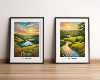 Set of 2 "ALABAMA" landscape posters - Collection of landscapes of the states of America - Poster illustration, design, nature