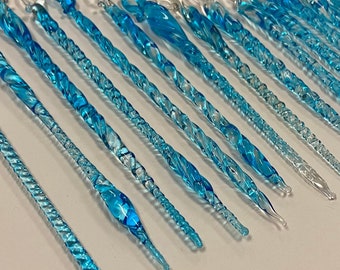 Icicles - Aqua Glass Icicle - Flamework - Artglass Ornament - Icicle Set (12+1) - Turtle Beads Studio - Artisan Glasswork Canada - Christmas