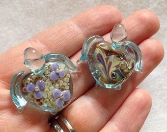 Lampwork Turtles - Pair - Aqua Glass - Floral Organic Artglass - Focal Beads - Turtle Beads Studio - Artisan Flamework - Handmade in Canada