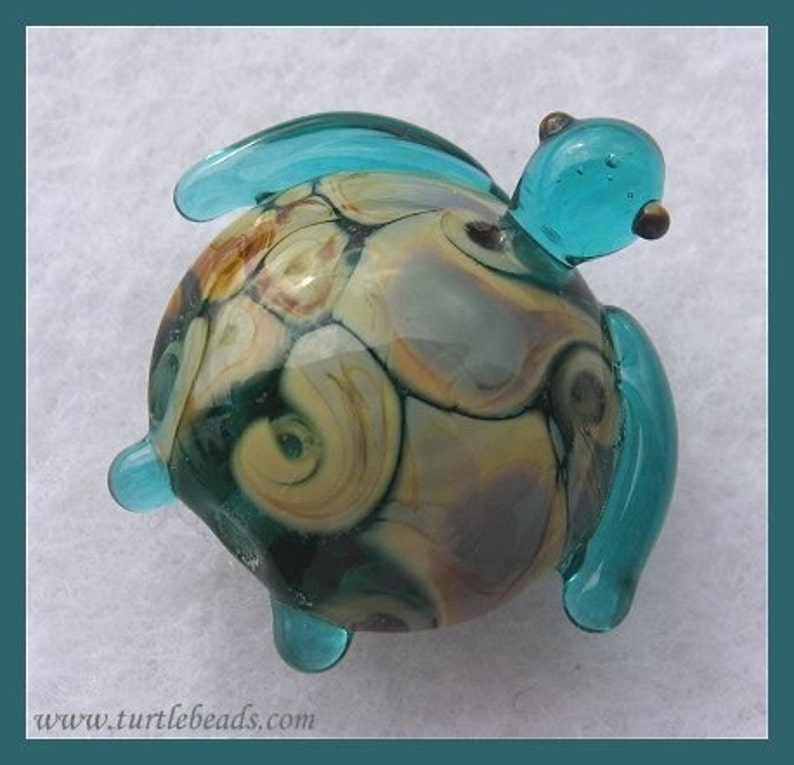 Turtle Glass Bead Lampwork Artglass Focal Teal And Raku Swirls Artisan Glass Turtlebeads Studio Canadian Glasswork Canada