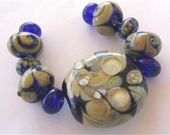 Glass Beads - Lampwork - Ocean Deep Cobalt Raku - Artglass Bead Set - Turtle Beads Studio - Canadian Artisan - Flamework - Handmade Canada