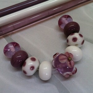 Glass Beads - Purple White - Lampwork Bead Set - Flamework Floral - Round Beads - Turtle Beads Studio - Artisan Handcrafted - Made in Canada