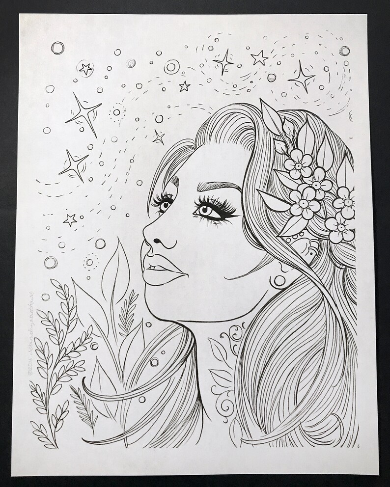 Adult Coloring Page Night Sky Instant Download Woman With - Etsy