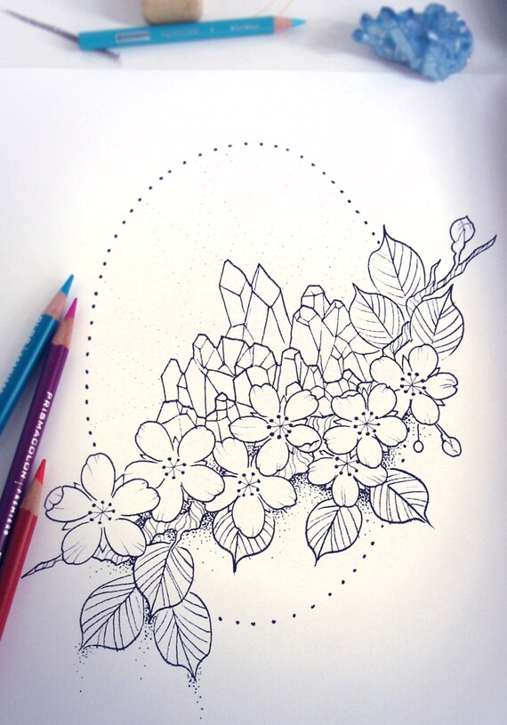 Download Crystals And Blossoms Coloring Page Instant Download Print Etsy