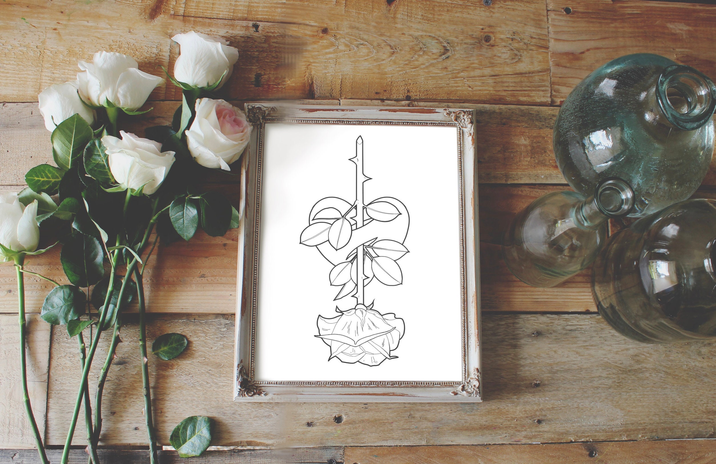 Download Long Stemmed Rose Coloring Page Instant Download Print Your Etsy