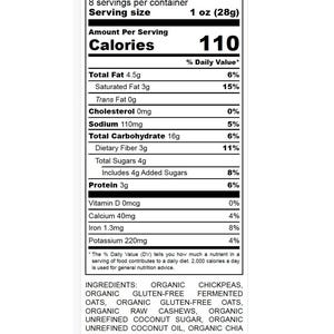 May include: A white label with black text detailing the nutrition facts of a food product. The label lists calories, fat, carbohydrates, protein, and other nutritional information per serving. Ingredients include organic chickpeas, oats, cashews, and coconut.