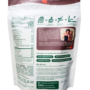 May include: A white bag of granola with nutrition information and the text "HANDCRAFTED for you in Mesa, Arizona!". The bag details the product's ingredients, including plant-based protein and prebiotic fibres. The bag contains 28g of granola.