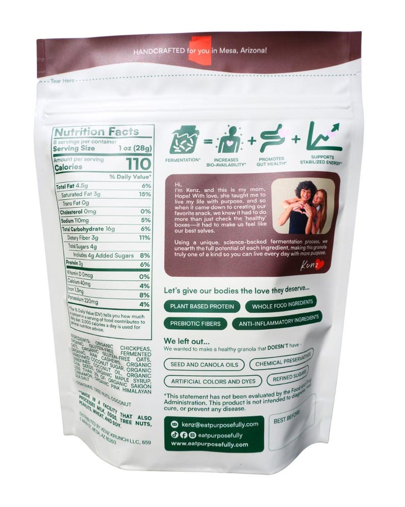 May include: A white bag of granola with nutrition information and the text "HANDCRAFTED for you in Mesa, Arizona!". The bag details the product's ingredients, including plant-based protein and prebiotic fibres. The bag contains 28g of granola.