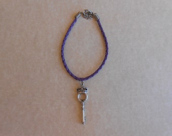 Crown Key Purple Leather Braided Bracelet