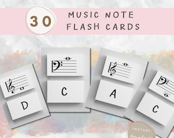 Tarjetas didácticas de notas musicales en clave de sol y de fa, actividad de teoría musical (PDF imprimible)