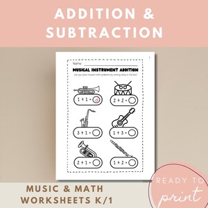 May include: A black and white printable worksheet for children to practise addition and subtraction using musical instruments. The worksheet includes a title "Musical Instrument Addition" and instructions to solve maths problems by writing notes in the box. The worksheet features images of a trumpet, drum, saxophone, guitar, tuba, and clarinet.
