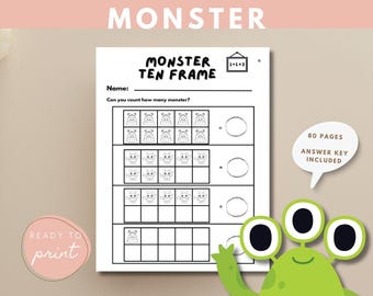 Fiches d'exercices de maths Monster Ten Frame, maternelles imprimables (téléchargement numérique)