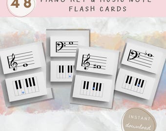 Pianotoets en muzieknoot flashcards, viool- en bassleutel (afdrukbaar)