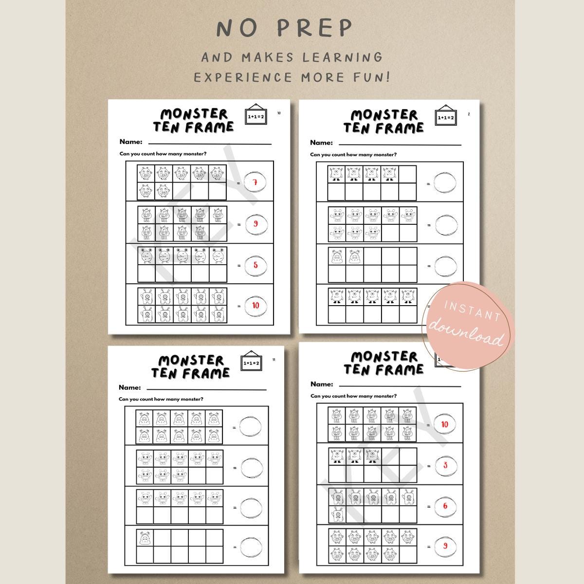 Ten Frame Worksheets Kindergarten Monster Theme 10 Frame Math ...