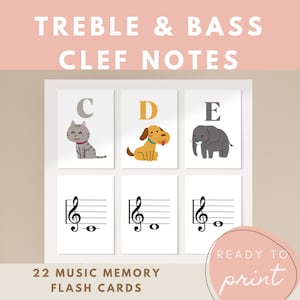 Puede incluir: Conjunto de 22 tarjetas de memoria musical imprimibles con notas de clave de sol y de fa. Cada tarjeta tiene una letra, una ilustración de animal y un pentagrama con una nota.