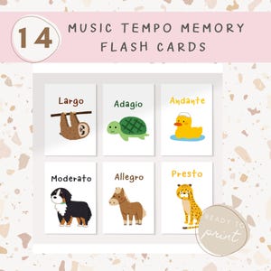 May include: A set of 14 printable flashcards featuring musical tempo terms and corresponding animal illustrations. The terms include Largo, Adagio, Andante, Moderato, Allegro, and Presto.
