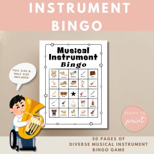 Music Bingo, Musical Instrument Bingo Game Kindergarten to G6, Homeschool Digital Resource Printable, Music Sub Plans for Teachers Classroom