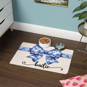 Pet Mat, Personalized Floral Bow Coquette Pet Mat With Name Custom Pet Placemat Chinoiserie Dog Gift For New Puppy Gift Bowl Mat For Cat
