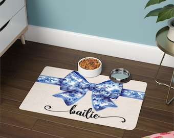Pet Mat, Personalized Floral Bow Coquette Pet Mat With Name Custom Pet Placemat Chinoiserie Dog Gift For New Puppy Gift Bowl Mat For Cat