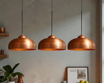 Juego de 3 lámparas colgantes de cúpula de cobre: iluminación para isla de cocina