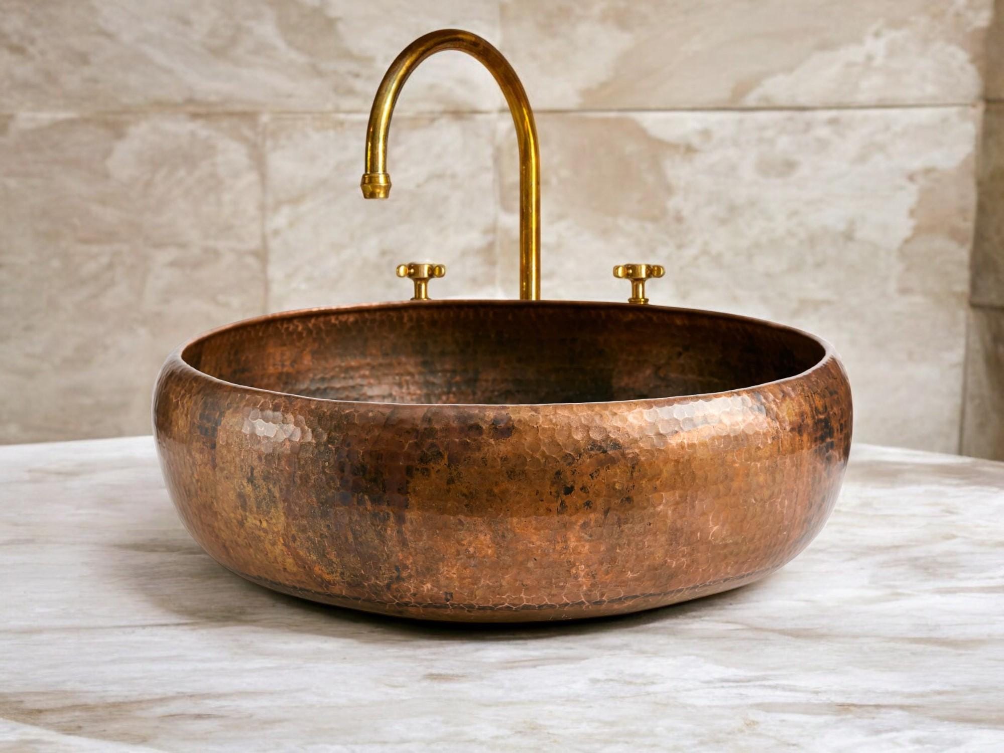 Oxidized Vessel Sink, Farmhouse Sink Hammered Basin for kitchen Sink, Bathroom Sink, Copper Round Sink
