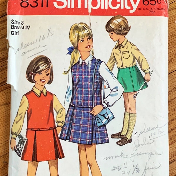 Vintage 1960s Sewing Pattern, Size 8 Girls Jumper Dress Mini Skirt and Long Sleeve Blouse, Simplicity 8311