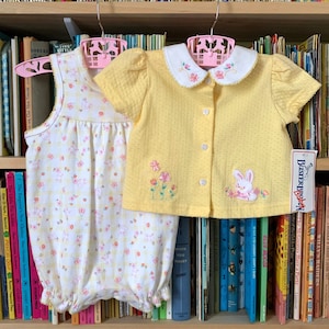 3-6M Vintage 1990s Baby Girl Clothing Set, Buster Brown Romper and Top NWT, Stretch Cotton Romper Button Front Top Bunny Flower Print