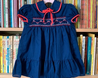 18M Vintage 1980s Girls Dress, Sears Navy Blue Smocked Dress