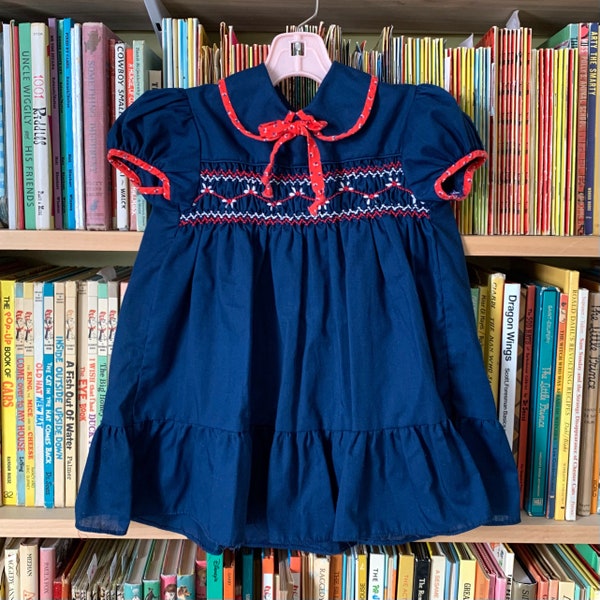 18M Vintage 1980s Girls Dress, Sears Navy Blue Smocked Dress