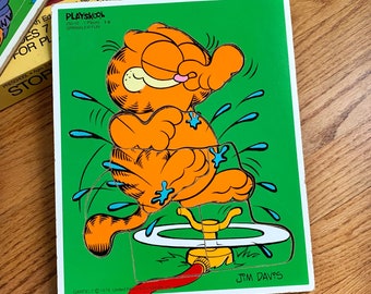 Vintage 1970s Toddler Puzzle, Playskool Garfield Sprinkler Fun Woodboard Puzzle 7 Pieces