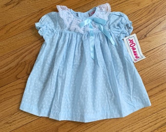 18-24M Vintage 1980s Girls Dress, Light Blue Floral Print Dress NWT