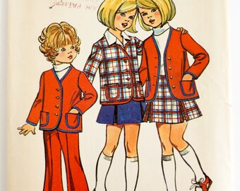 Vintage 1970s Sewing Pattern, Size 6 Girls Collarless Jacket Skirt Bell Bottom Pants, Simplicity 5278 UNCUT