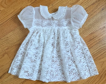 3-6M Vintage 1960s Baby Girl Dress, Carol Joy Creation Ivory White Sheer Lace Dress