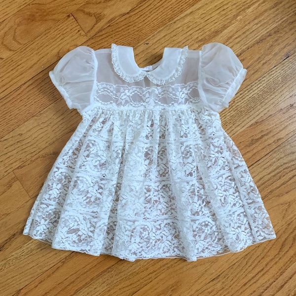 3-6M Vintage 1960s Baby Girl Dress, Carol Joy Creation Ivory White Sheer Lace Dress