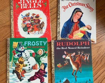 Vintage 1970s Childrens Book, Christmas LGB Little Golden Book Set, Rudolph Frosty Jingle Bells Christmas Story