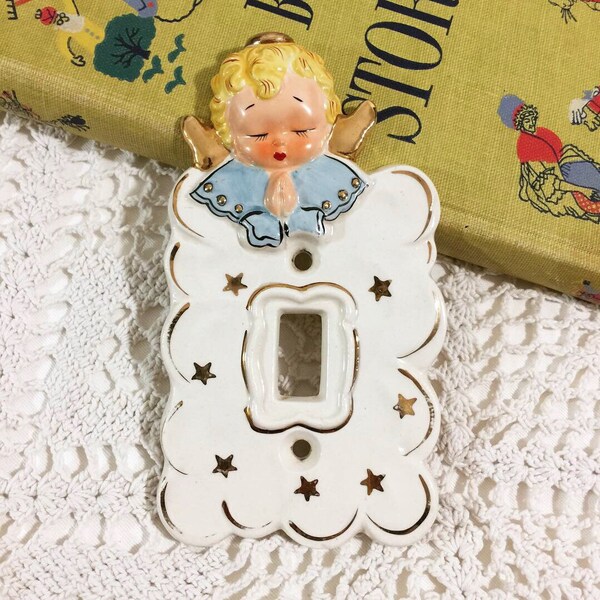 Vintage 1950s Switchplate, Praying Angel Ceramic Switchplate Japan Yona Original, Childs Room Nursery Decor