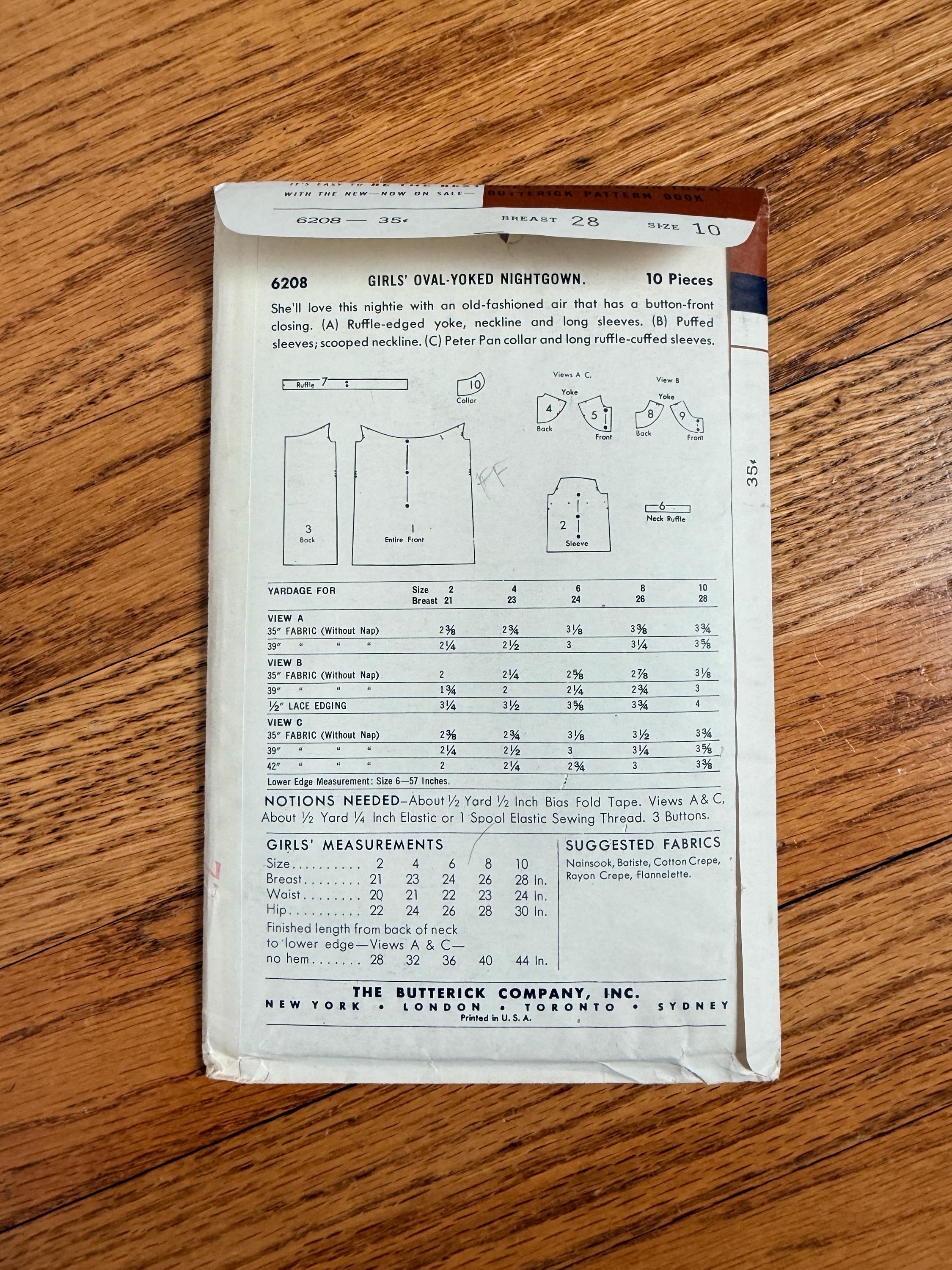 Vintage 50s Girls Oval Yoked Nightgown Sewing Pattern - Butterick 6208 ...