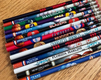 Vintage 1990s Sports Team Pencils, Set of 15 Woodcase Pencils Unused NBA MLB NFL